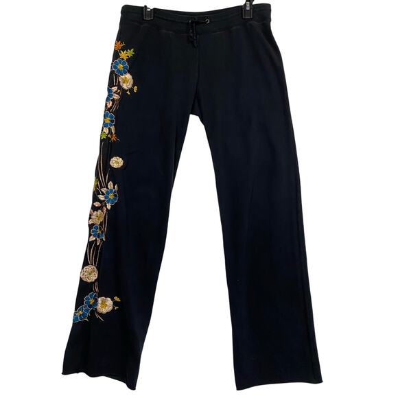 Lucky Brand Women's VTG Y2K Black Floral Embroidered Boho Sweatpants Medium - Picture 1 of 12